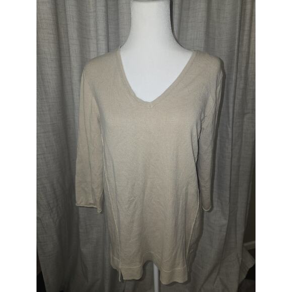 J Jill Missy Sz Medium Tan 1/2 Sleeve Top V Neck Knit Texture Cotton Blend - Picture 3 of 5